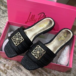 Lilly Pulitzer Black and Gold Mules with Geometric Logo